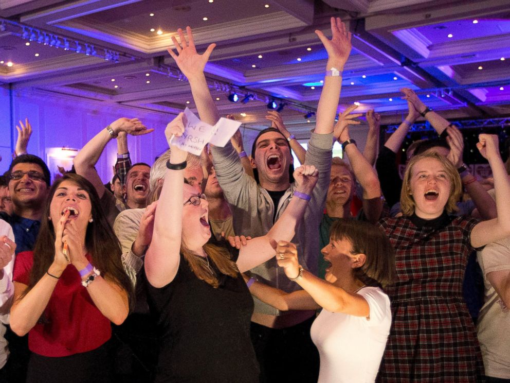 No supporters for the Scottish independence referendum celebrate a result at a No campaign event at a hotel in Glasgow, Scotland, early Friday, Sept. 19, 2014.