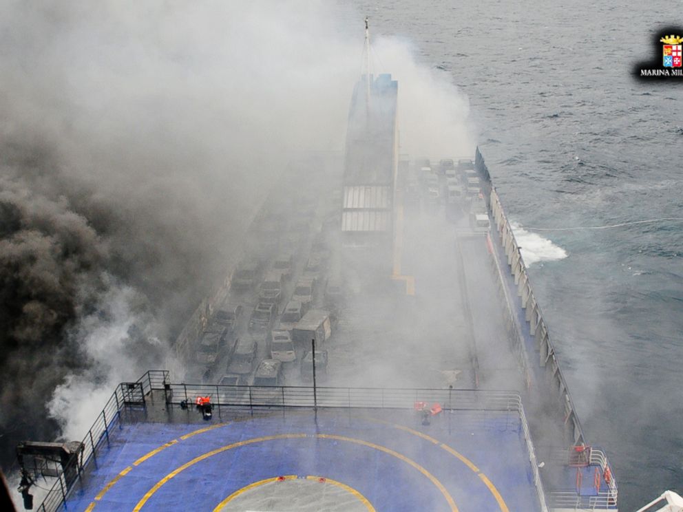 PHOTO: In this image released by the Italian Navy, smoke billows from the Italian-flagged ferry Norman Atlantic that caught fire in the Adriatic Sea, Dec. 28, 2014. 