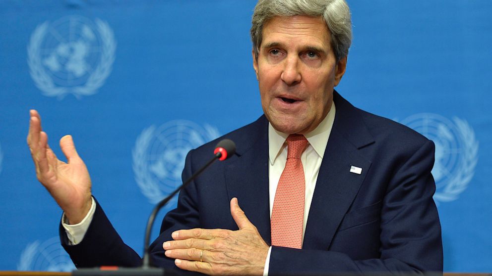 PHOTO: John Kerry, US Secretary of State, speaks during a press conference at the European headquarters of the United Nations in Geneva, Switzerland, Sept. 13, 2013
