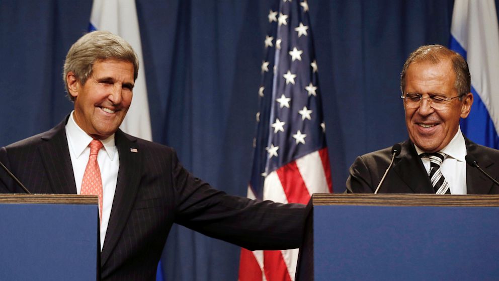 PHOTO: U.S. Secretary of State John Kerry, left, and Russian Foreign Minister Sergei Lavrov, make statements to the media following meetings regarding Syria, at a news conference in Geneva, Switzerland, Saturday Sept. 14, 2013.