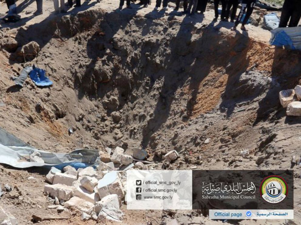 PHOTO: In this picture released online by the Sabratha Municipal Council, Feb. 19, 2016, shows the site where U.S. warplanes struck an Islamic State training camp in Sabratha, Libya near the Tunisian border.