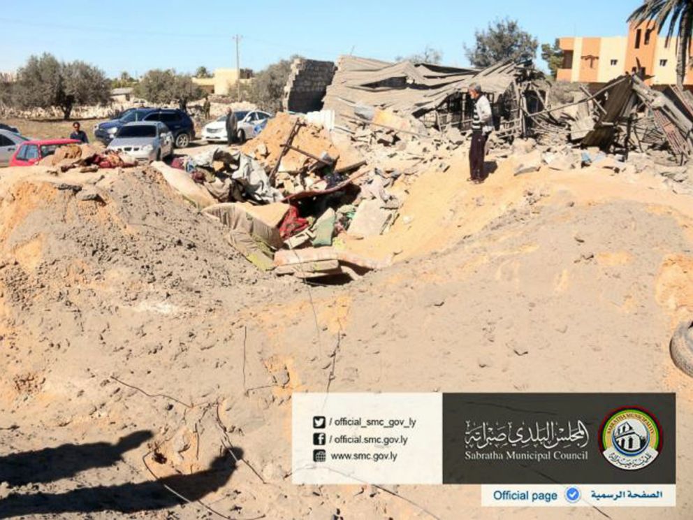 PHOTO: In this picture released online by the Sabratha Municipal Council, Feb. 19, 2016, shows the site where U.S. warplanes struck an Islamic State training camp in Sabratha, Libya near the Tunisian border.