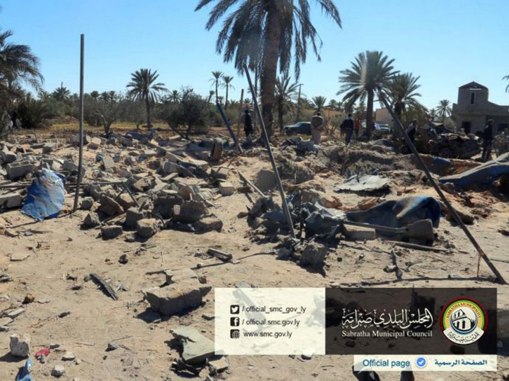 PHOTO: In this picture released online by the Sabratha Municipal Council, Feb. 19, 2016, shows the site where U.S. warplanes struck an Islamic State training camp in Sabratha, Libya near the Tunisian border.