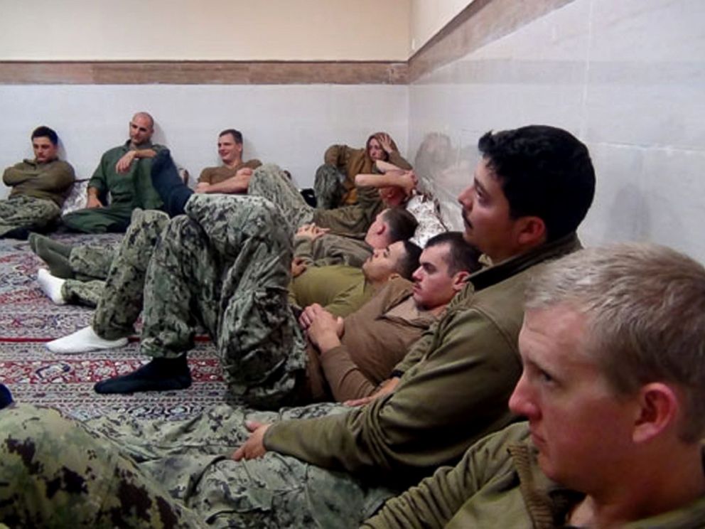 PHOTO: This picture released by the Iranian Revolutionary Guards, Jan. 13, 2016, shows detained American Navy sailors in an undisclosed location in Iran.