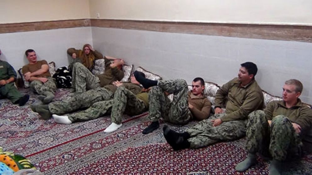 PHOTO: This picture released by the Iranian Revolutionary Guards, Jan. 13, 2016, shows detained American Navy sailors in an undisclosed location in Iran.