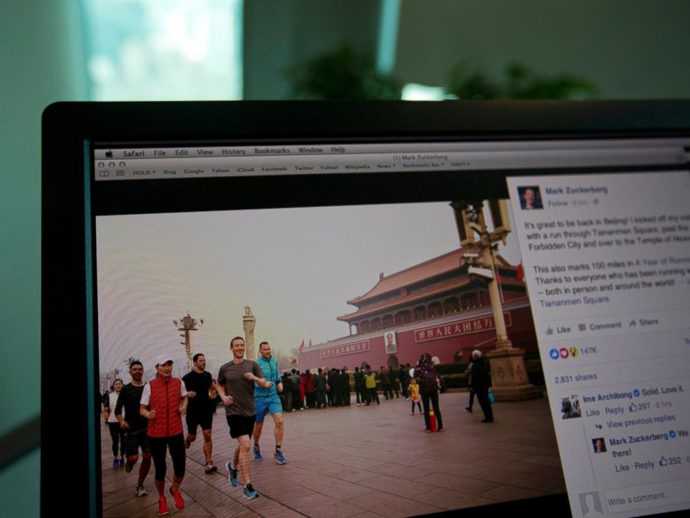 PHOTO: A computer screen displays the social media posting by Mark Zuckerberg on Facebook in Beijing, China, March 18, 2016.
