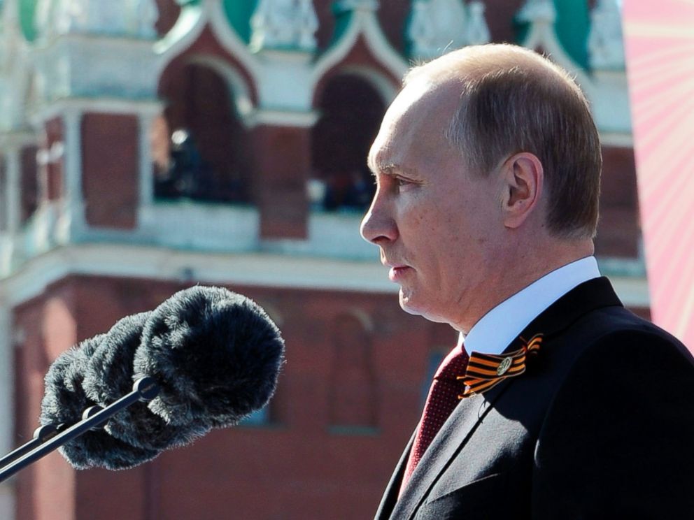 PHOTO: Russian President Vladimir Putin speaks during a Victory Day parade, which commemorates the 1945 defeat of Nazi Germany, at Red Square in Moscow, Russia on May 9, 2014.