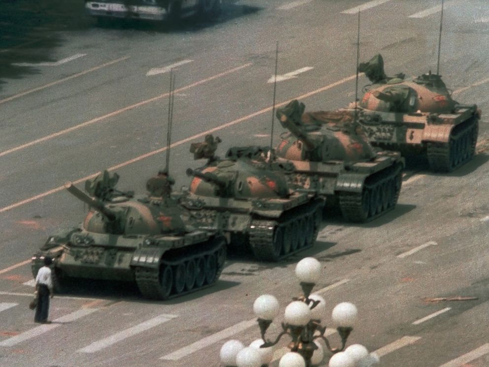 PHOTO: A Chinese man stands alone to block a line of tanks heading east on Beijings Cangan Blvd. in Tiananmen Square, June 5, 1989.