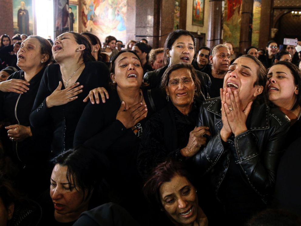 PHOTO: Women cry during the funeral for those killed in a Palm Sunday church attack in Alexandria Egypt, at the Mar Amina church, April 10, 2017.