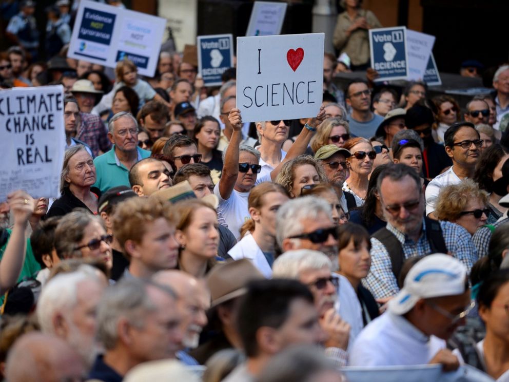 PHOTO: Supporters of science and research gather for the March for Science protest in Sydney, April 22, 2017.