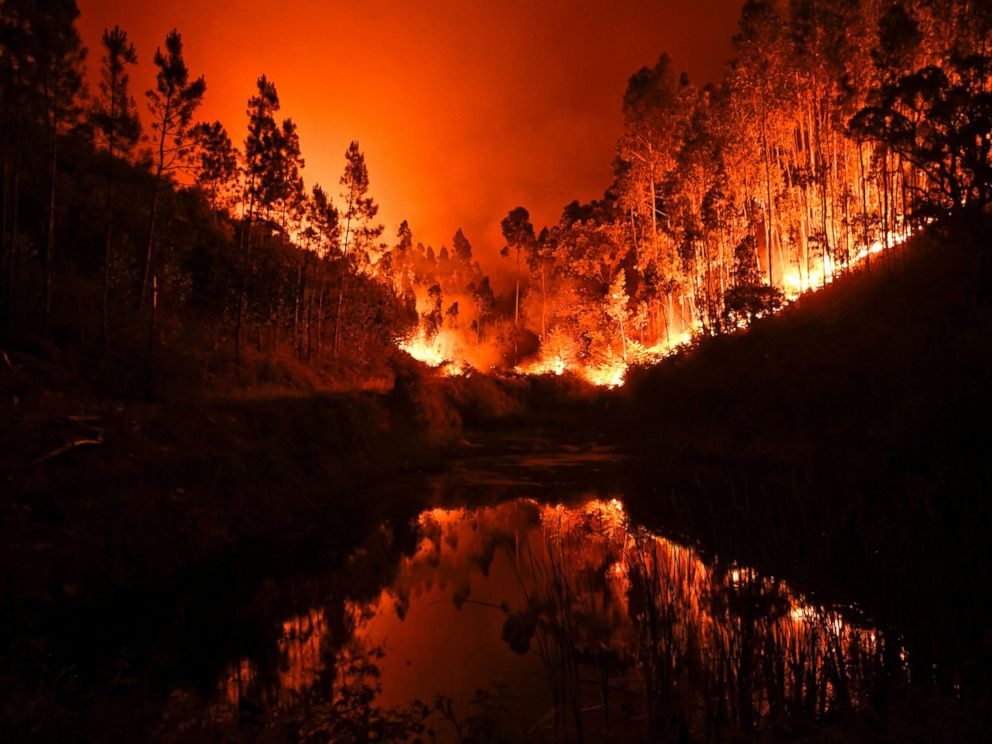 PHOTO: A wildfire is reflected in a stream at Penela, Coimbra, central Portugal, on June 18, 2017.