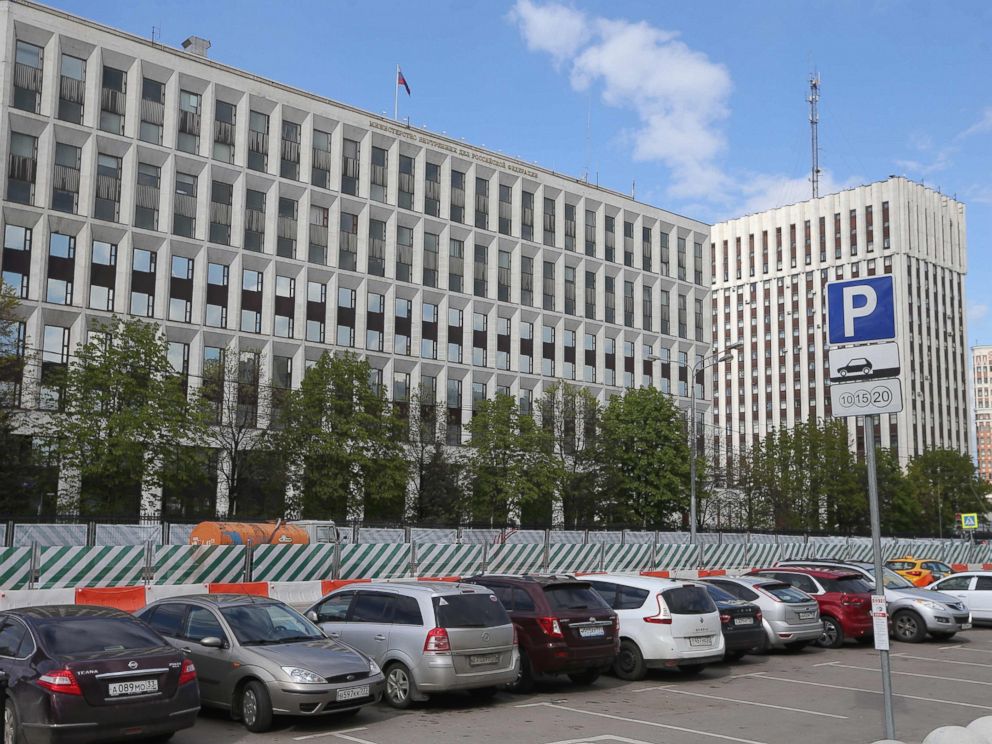 PHOTO: Cars are parked in front of the Russian Interior Ministry building on May 13, 2017 in Moscow.