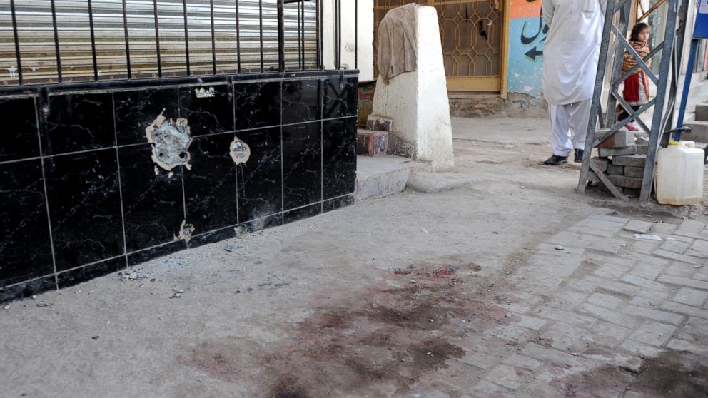PHOTO: The scene with the bullet holes on the wall where Nasiruddin Haqqani, the eldest son of Jalaluddin Haqqani the chief of the Haqqani network is shot dead in Barakahu town near Islamabad, Nov. 10, 2013.
