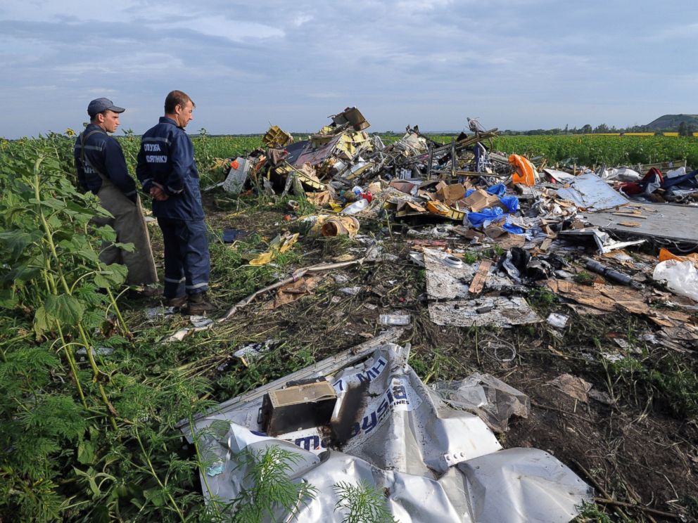 PHOTO: Employees of the Ukrainian State Emergency Service look at the wreckage of Malaysia Airlines flight MH17 two days after it crashed in a sunflower field near the village of Rassipnoe on July 19, 2014.