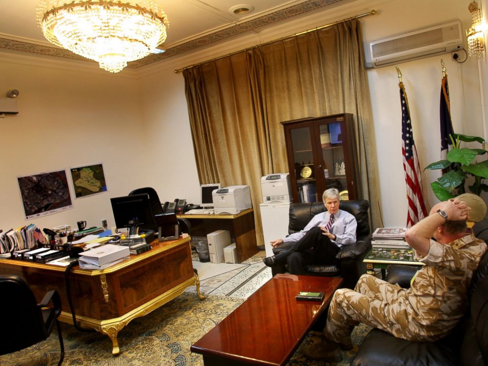 PHOTO: U.S. Ambassador to Iraq Ryan Crocker speaks with British Deputy Commanding General W.R. Rollo in Crockers office at the U.S. Embassy, Sept. 5, 2007 in Baghdad, Iraq.