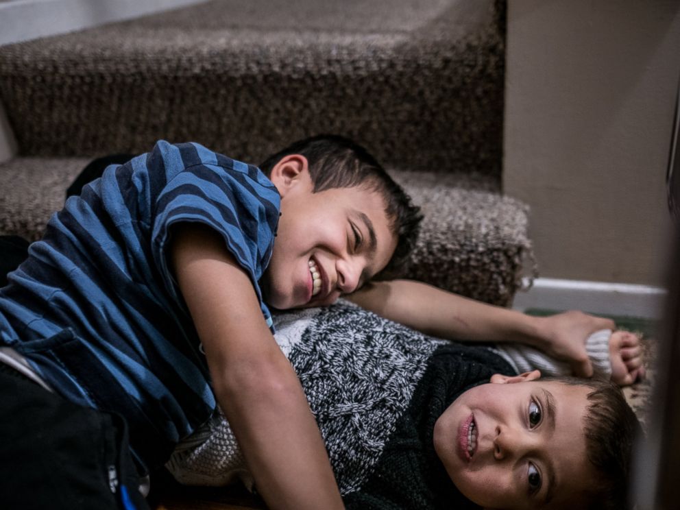 PHOTO: Basel Alrashdan, 11, and his brother Idress, 5, play at home in Charlottetown, on Prince Edward Island, Canada, on December 14, 2016. The Alrashdan family, arrived on Dec 27, 2015, are some of the 250 Syrian refugees that have been settled here.