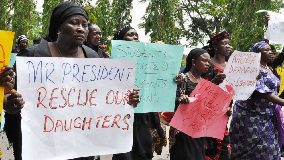 PHOTO: Unidentified mothers call for the president to help, during a demonstration with others who have daughters among the kidnapped school girls of government secondary school Chibok, April 29, 2014, in Abuja, Nigeria.  