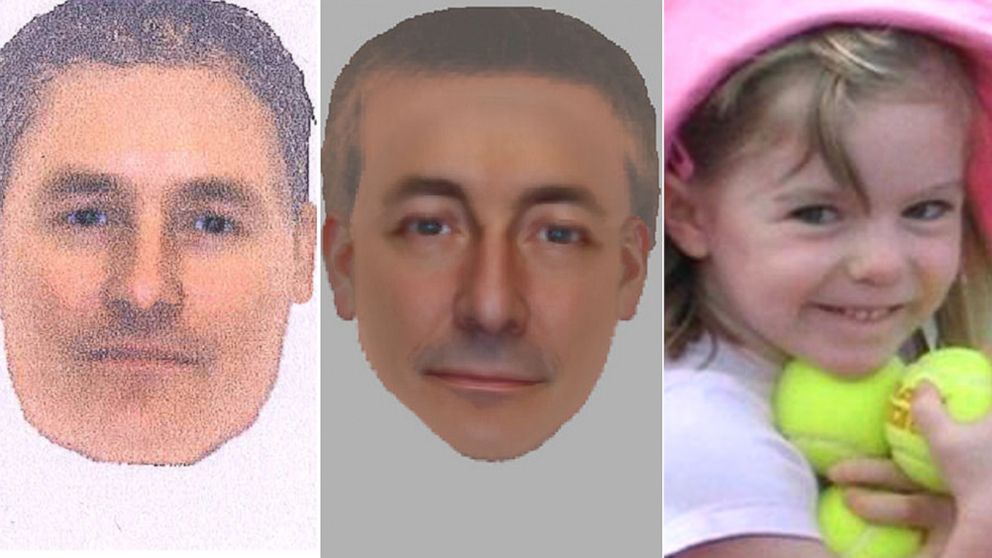 PHOTO: Left and center, undated e-fit images issued by the Metropolitan Police believed to be of the same man seen in Praia da Luz at the time of the disappearance of 3-year-old Madeleine McCann in 2007.