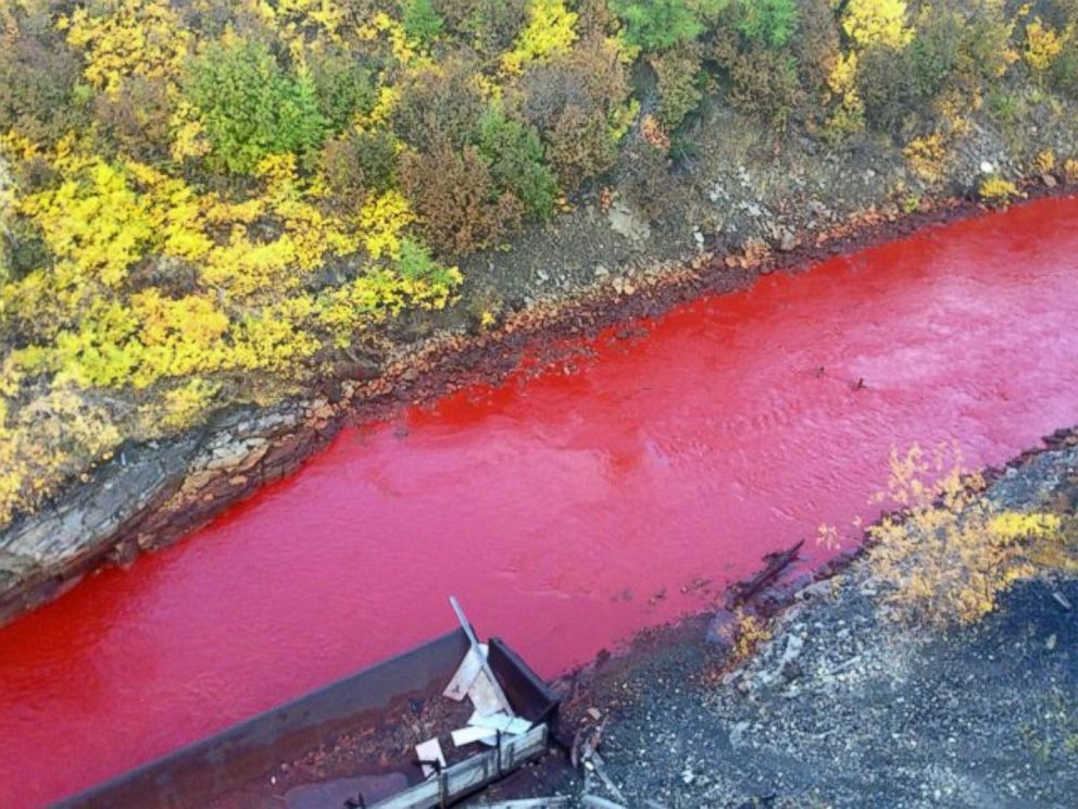 ... to show the Daldykan river close to Norilsk has turned blood red