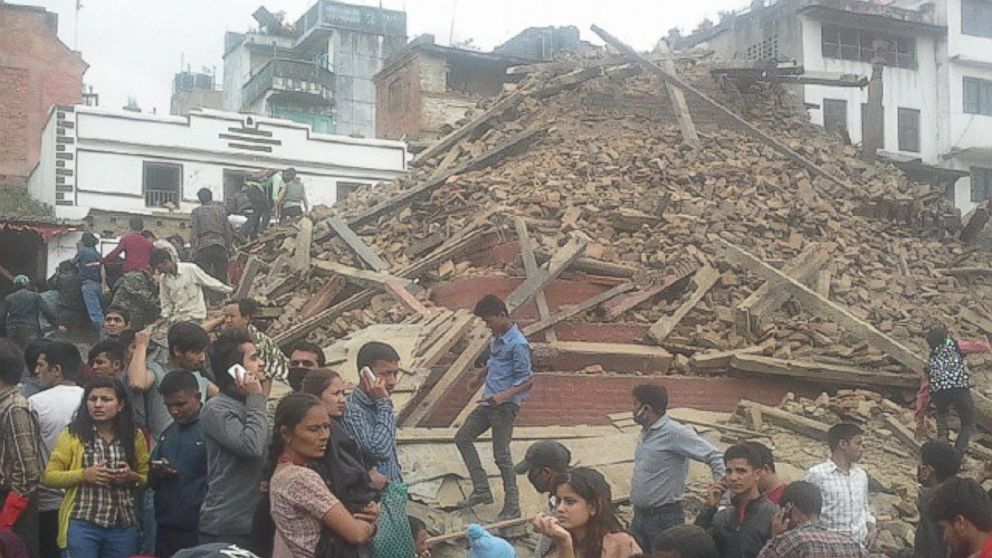 PHOTO: A collapsed building in Kathmandu after an earthquake strikes Nepal. 