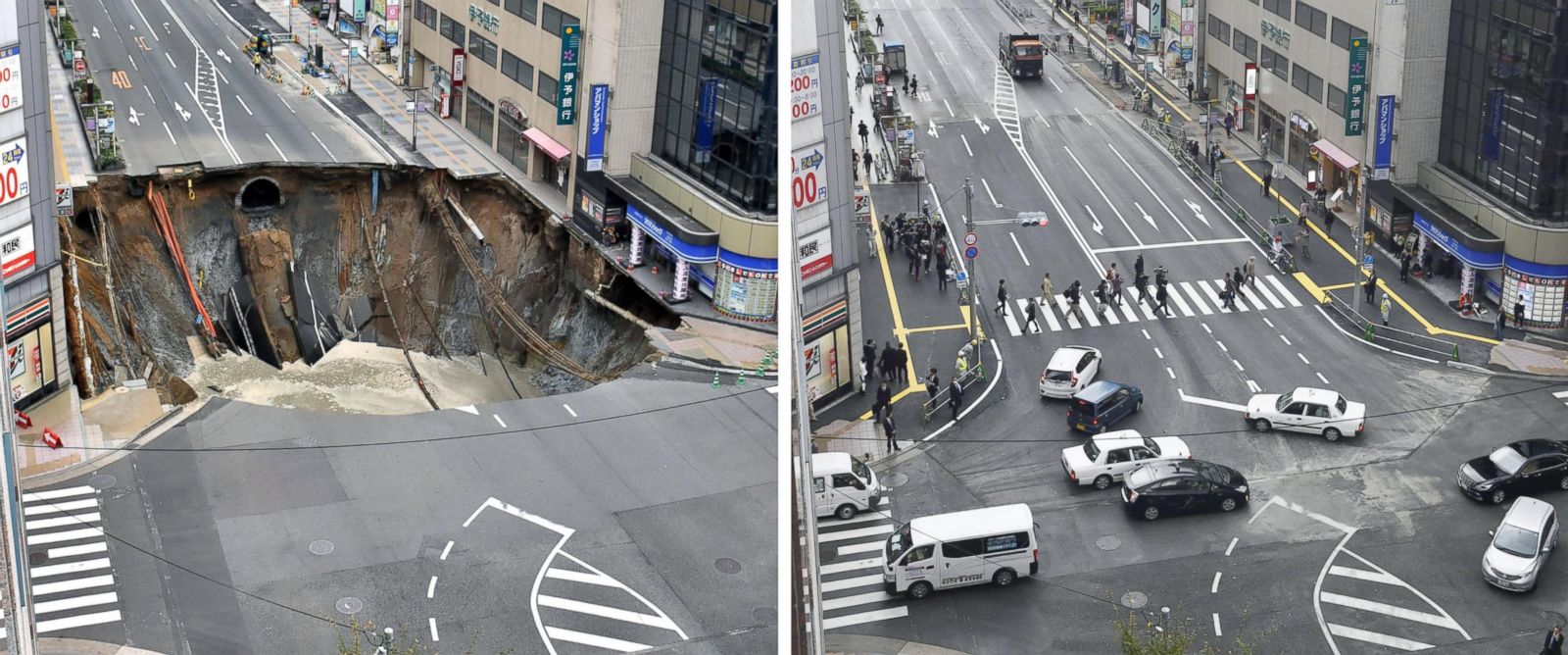 PHOTO: This photo combo shows a huge sinkhole, left, on a major road near JR Hakata Station in the southwestern Japan city of Fukuoka on Nov. 8, 2016 and the road reopening, right, on Nov. 15 after being filled with earth. 