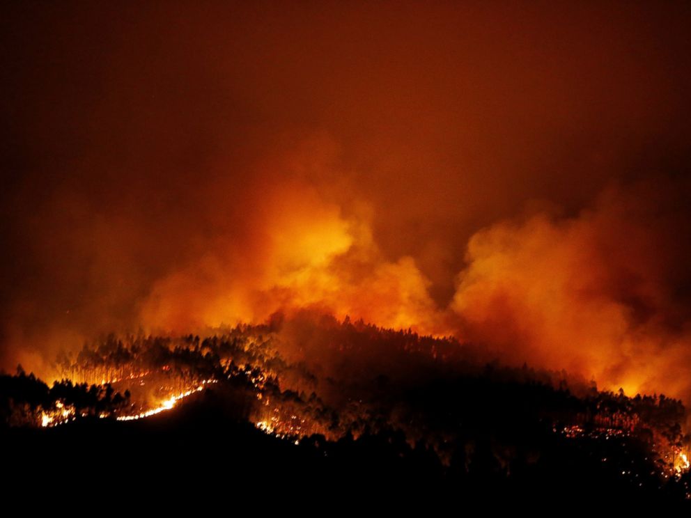 PHOTO: A forest fire is seen near Tojeira, Pedrogao Grande, in central Portugal, June 18, 2017.