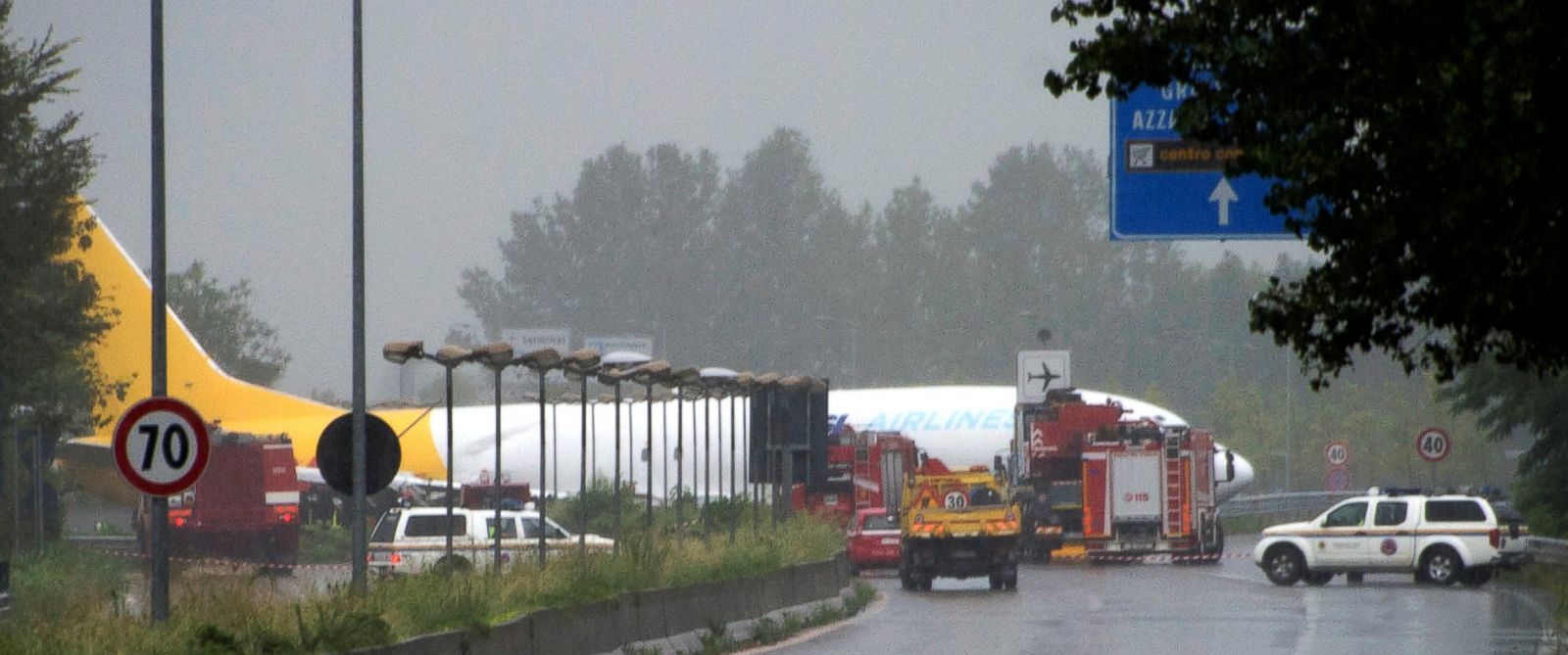 Cargo Plane Overshoots Runway At Italy's Bergamo Airport. DHL Cargo Plane