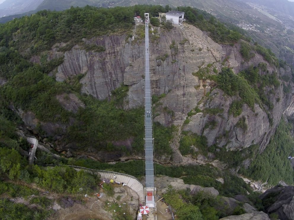 PHOTO: An aerial view shows a glass suspension bridge at the Shiniuzhai National Geo-park in Pinging county, Hunan province, China, Sept. 24, 2015.