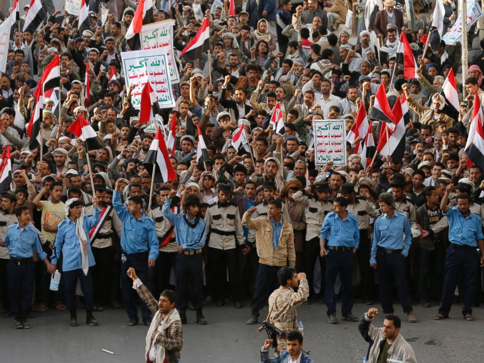 PHOTO: Pro-Houthi protesters demonstrate to commemorate the fourth anniversary of the uprising that toppled former President Ali Abdullah Saleh in Sanaa, Feb. 11, 2015. The banners praised Allah and expressed anti-Western sentiments.