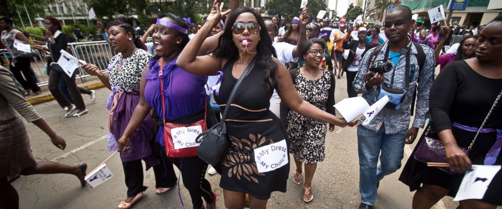 FILE - In this Monday, Nov. 17, 2014 file photo, Kenyan women protest for the right to wear whatever clothes they want, following an incident in which a mob of men tore the clothes off a woman they claimed was inappropriately dressed, leaving her nak