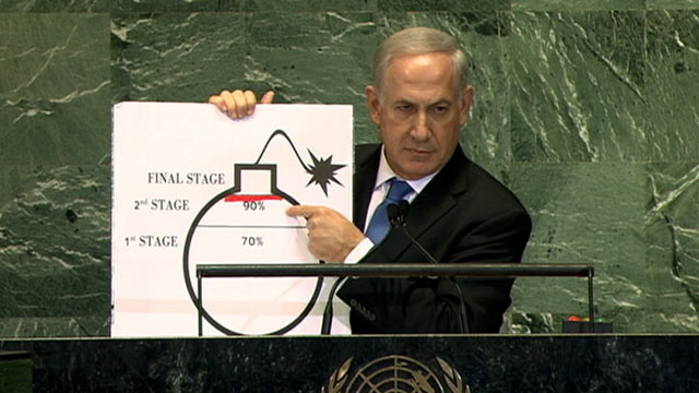 PHOTO: Israeli Prime Minister, Benjamin Netanyahu speaks to the UN General Assembly in New York City on Sept. 27, 2012.