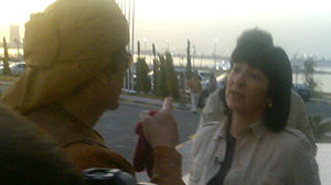 PHOTO: Embattled Libyan Colonel, Mmoammar Gadhafi is interviewed by ABC News reporter Christiane Amanpour.