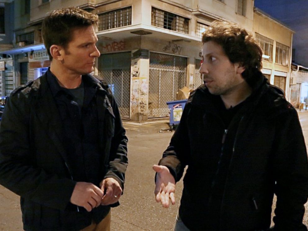 PHOTO: Nightlines Bill Weir, left, talks with filmmaker Konstantinos Georgousis