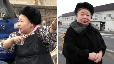 PHOTO: 72-year-old Saki Hoshi describes the height of the tsunami waters, to ABC's Diane Sawyer on March 14, 2011.