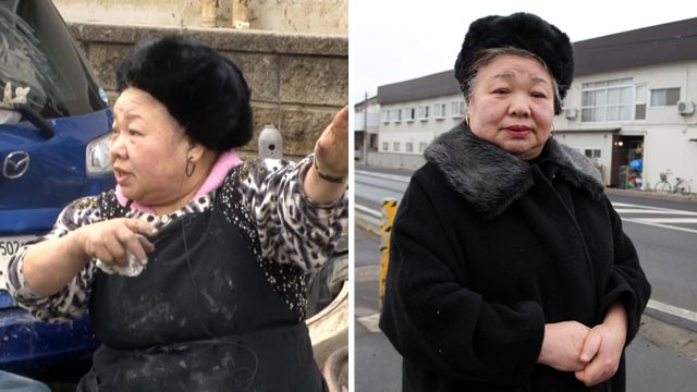 PHOTO: 72-year-old Saki Hoshi describes the height of the tsunami waters, to ABC's Diane Sawyer on March 14, 2011.