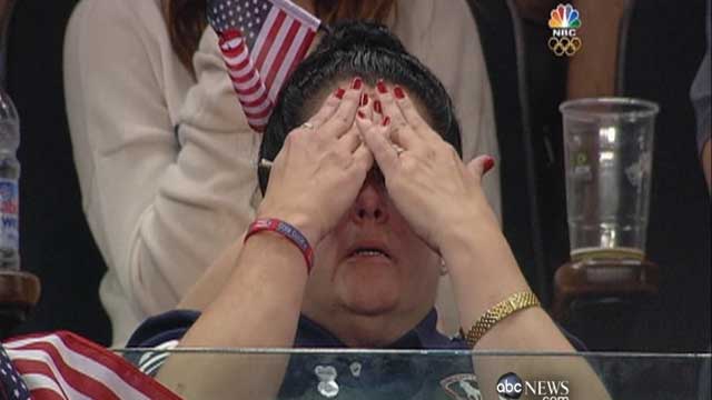 PHOTO: Gymnast John Orozco's mom Damaris hid her face while he is competing in the 2012 Summer Olympics in London, England.