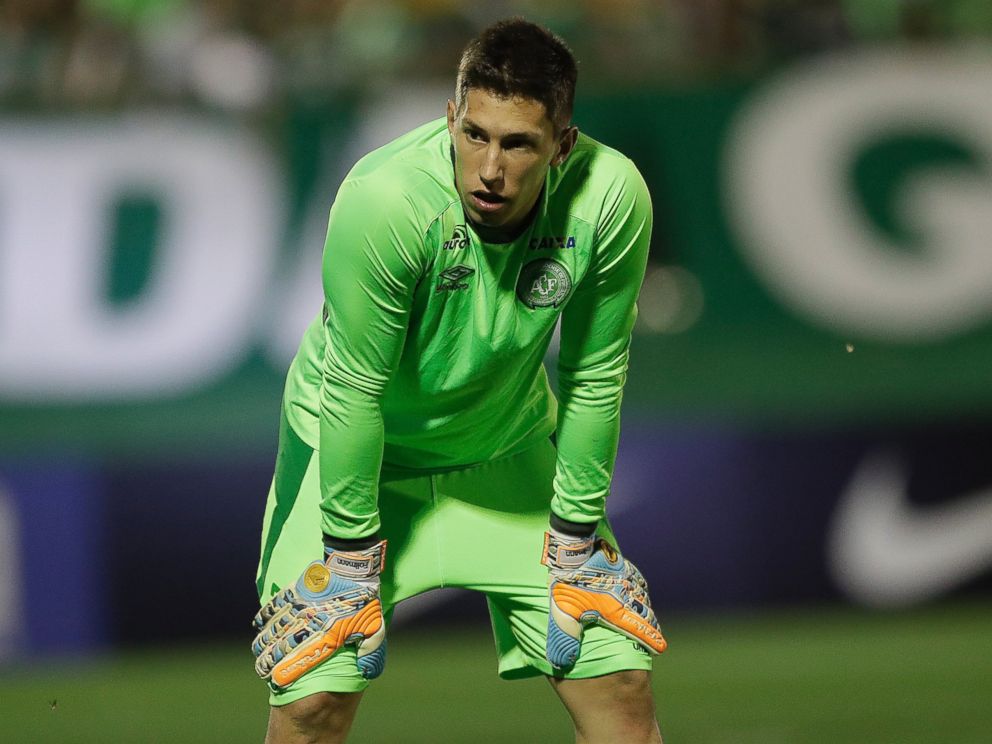 PHOTO: In this Nov. 23, 2016 photo, Brazils Chapecoense goalkeeper Jackson Ragnar Follmann, warms up prior to a Copa Sudamericana semifinal soccer match against Argentinas San Lorenzo in Chapeco, Brazil.
