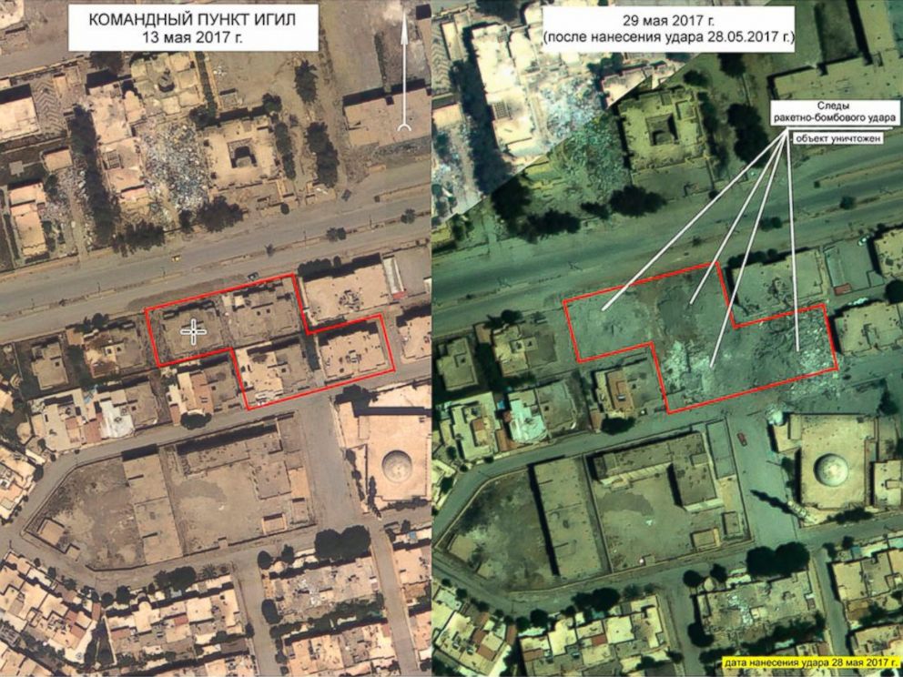 PHOTO: An aerial image at left of the ISIS headquarters on May 13, 2017, and an aerial image taken on May 29, at right, showing the same site following the Russian airstrike on May 28, 2017 on the outskirts of Raqqa, Syria.