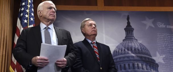 PHOTO: In this Jan. 21, 2016 file photo, Sen. John McCain and Sen. Lindsey Graham wait to speak during a news conference on Capitol Hill in Washington.