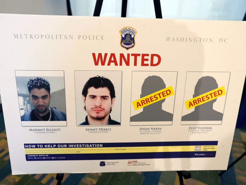 PHOTO: A wanted poster is displayed at a news conference in Washington, D.C., June 15, 2017, during an announcement about arrest warrants in the May 16, 2017, altercation outside the Turkish Embassy.