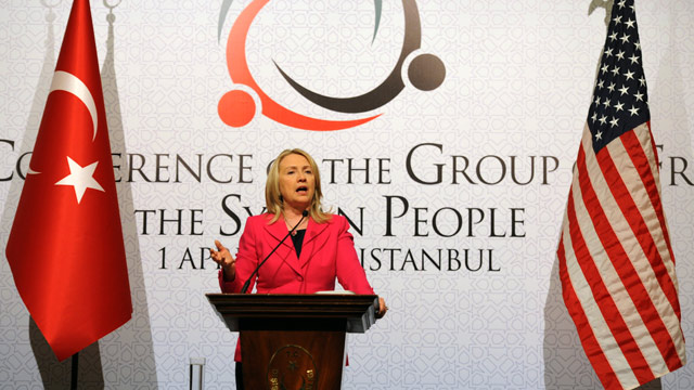 PHOTO: U.S. Secretary of State Hillary Rodham Clinton speaks to the media after a conference of foreign ministers in Istanbul, Turkey, Sunday, April 1, 2012.