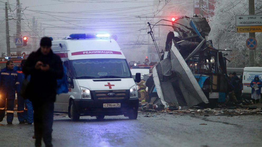 PHOTO: An ambulance leaves the site of a trolleybus explosion in Volgograd, Russia, Monday, Dec. 30, 2013. The explosion left 10 people dead Monday, a day after a suicide bombing that killed at least 17 at the citys main railway.