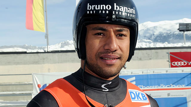 PHOTO: Bruno Banani of Tonga poses after his run during the mens single competition at the Luge World Cup in St. Moritz, Switzerland, Jan. 29, 2012.