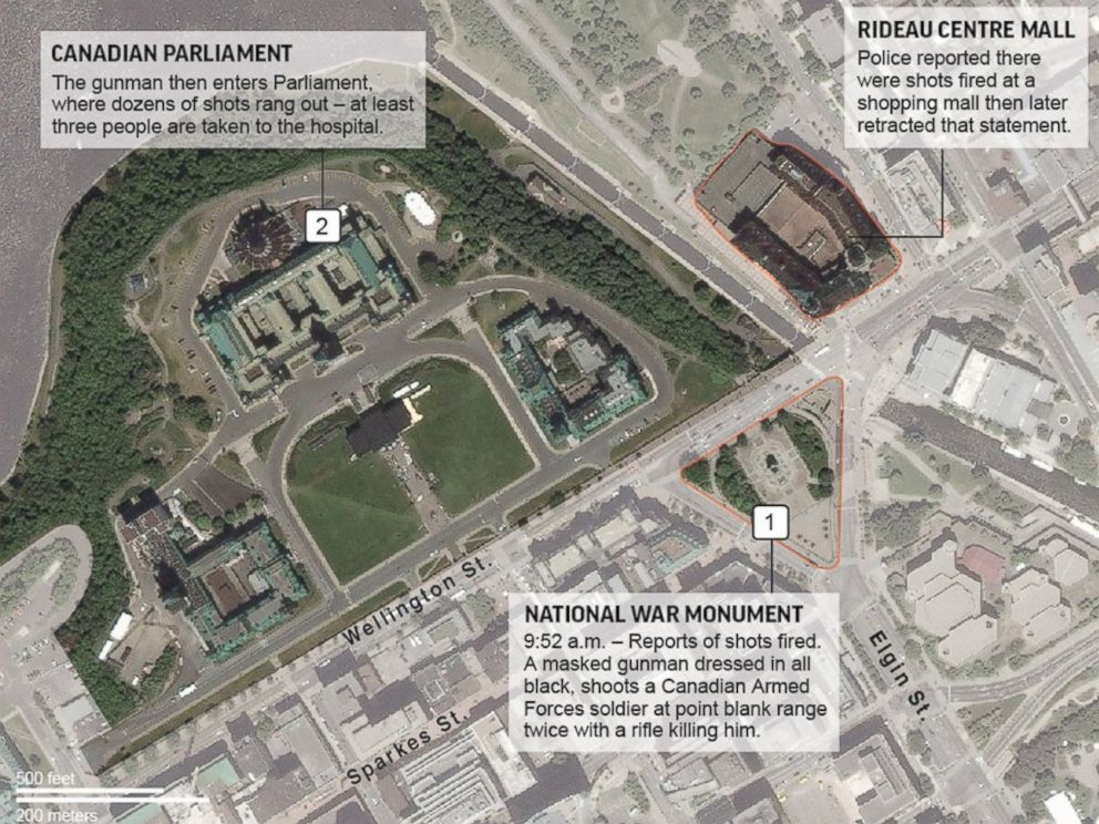 PHOTO: An AP map shows the locations of the National War Monument, Parliament and a shopping mall in Ottawa, Canada where gun shots were reported on Oct. 22, 2014.
