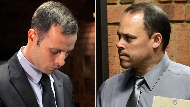 PHOTO: Olympic sprinter Oscar Pistorius, left, and police Detective Hilton Botha, are shown in court, Feb. 20, 2013 at the Magistrate Court in Pretoria, South Africa.