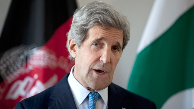 PHOTO: U.S. Secretary of State John Kerry delivers a statement after a meeting with Afghan President Hamid Karzai and Pakistani Army Chief Gen. Asfhaq Parvez Kayani, April 24, 2013, in Brussels, Belgium.