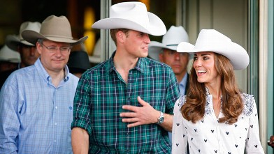 PHOTO: Prince William and Kate, the Duke and Duchess of Cambridge, and Prime Minister Stephen Harper, left, leave a reception at the Calgary Stampede on July 7, 2011, in Calgary, Alberta.