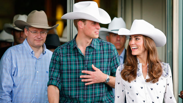 PHOTO: Prince William and Kate, the Duke and Duchess of Cambridge, and Prime Minister Stephen Harper, left, leave a reception at the Calgary Stampede on July 7, 2011, in Calgary, Alberta.