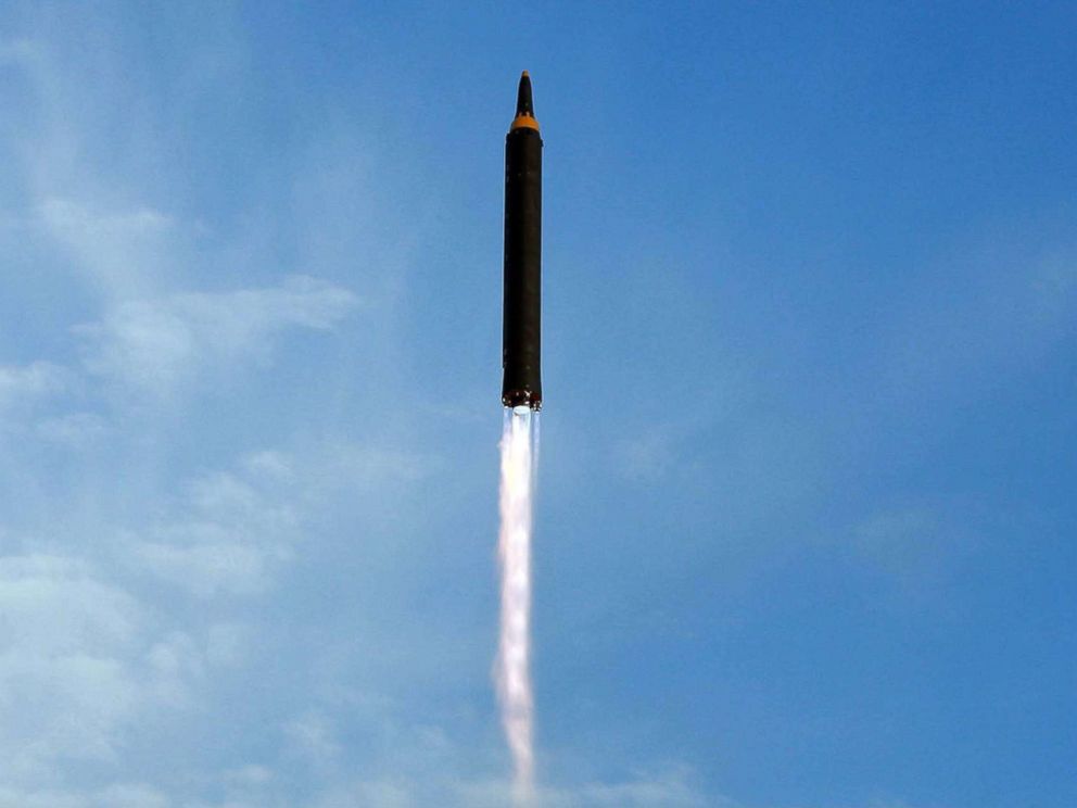 PHOTO: This undated photo distributed on Sept. 16, 2017, by North Korean government shows what was said to be the test launch of an intermediate range Hwasong-12 in North Korea. The content of this image is as provided & cannot be independently verified. 