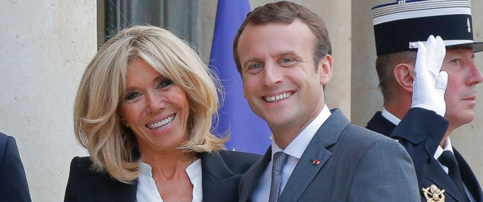 PHOTO: Brigitte Macron the wife of French President Emmanuel Macron smile as they welcome Belgian Prime Minister Charles Michel and Luxembourg Prime Minister Xavier Bettel for a diner at the Elysee Palace in Paris, France, Thursday, July 20, 2017. 